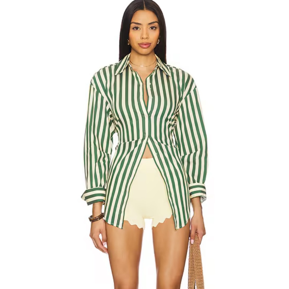 SIMONMILLER Loch Poplin Button Up in Gummy Green & Ecru